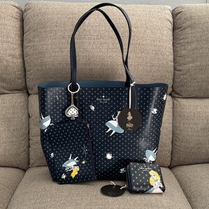 Kate Spade Dark Blue Alice in Wonderland Tote with a wallet included